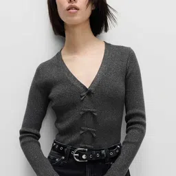 Marks & Spencer Women Ribbed Long Sleeves V-Neck Bow Detail Pullover-picture-17