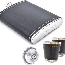 xpedition xperts 8 oz Black Leather Hip Flask + 2 shot glasses + Funnel Bar set Hip Flask HP-1143 Stainless steel Hip Flask image 2