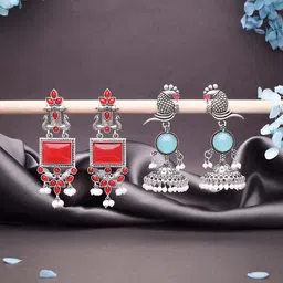 Sangria Set Of 2 Silver-Plated Artificial Stones Studded and Beads Beaded Drop Earrings image 2