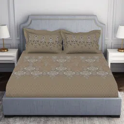 SPACES Taupe & Off White Ethnic Motifs 144 TC Cotton Queen Bedsheet With 2 Pillow Covers-image-54