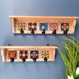 apka mart Brown & Black 2 Pieces Printed Wooden Shelf With Wall Hooks Key Holder-image-98