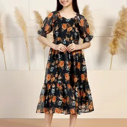 OMPAX Girls Floral Printed Puff Sleeve Chiffon Fit & Flare Midi Dress-picture-36