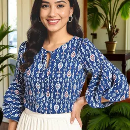 KYVO Women Print Keyhole Neck Flared Sleeve Ethnic Cotton Crop Top-picture-28