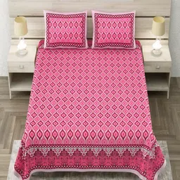 Aapno Rajasthan Pink & White Geometric 144 TC King Bedsheet with 2 Pillow Covers-image-89