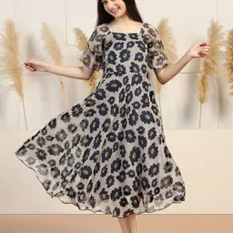 OMPAX Floral Print Puff Sleeve Chiffon Fit & Flare Midi Dress-image-5