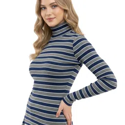 Looks United Women Striped Turtle Neck Long Sleeves Woollen Pullover Sweater image 3