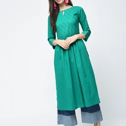 ANIYAH Checked Yoke Design Keyhole Neck Straight Pure Cotton Kurta-picture-13