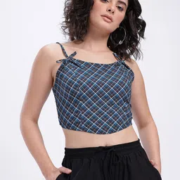 glitchez Noble Tartans Checked Smocked Detail Shoulder Straps Crop Fitted Top with Bows image 3