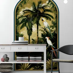 Myntra Elegant Homes Yellow & Green Palm Trees & Cockatoos Printed Decorative Wallpaper image 4
