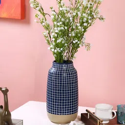 TAYHAA Modern Blue & White Grid-Designed Ceramic Flower Vase-picture-18