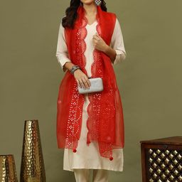Sangria Geometric Embroidered Mirror Work Organza Dupatta-picture-33