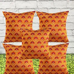 Pink Parrot Orange & Gold-Toned Set of 5 Ethnic Motifs Square Cushion Covers image 1
