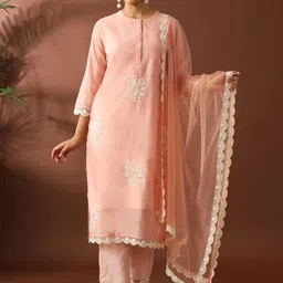 Jaipur Kurti Women Floral Embroidered Regular Thread Work Chanderi Cotton Kurta with Trousers & With Dupatta-picture-20