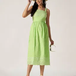 House of Sal Shoulder Straps Embroidery Cotton Fit & Flare Midi Dress image 5