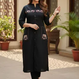 Anouk Rustic Women Ethnic Motifs Embroidered Regular Thread Work Pure Cotton Kurta with Trousers image 4