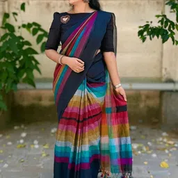KALINI Striped Chanderi Saree With Unstitched Blouse-image-48