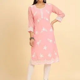 VAIRAGEE Women Embroidered Keyhole Neck Flared Sleeves Thread Work Georgette Kurta-image-42