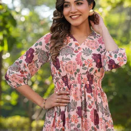 Janasya Floral Print Puff Sleeve Georgette Fit & Flare Midi Dress image 4