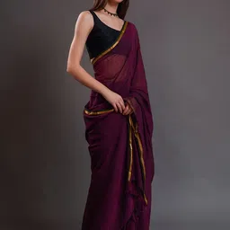 AWRIYA Gold Border Tassels Saree With Blouse Piece image 3