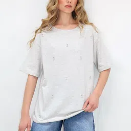 Trend Alacati stili Embellished Round Neck Extended Sleeves Oversized Cotton T-shirt-image-49