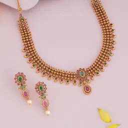 Kushal's Fashion Jewellery Ruby-Green Gold-Plated Ethnic Antique Jewellery Set-picture-38