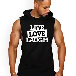 Fashnobic Men Live Love Printed Hooded Neck Gym Vest-image-50