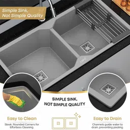 lapo Quartz Kitchen Sink, Single Bowl Sink with -Grey Metallic Finish -37x18 Inches Quartz-Sink-Grey Double BWL-37x18 Top Mount image 2