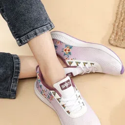 TOMSY CHOICE Women Purple & White Printed Mesh Walking Non-Marking Shoes image 4