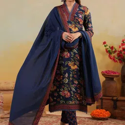 GoSriKi Women Floral Print Straight Kurta with Trousers & Dupatta-picture-29