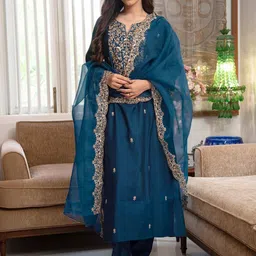 TURITY Women Ethnic Motifs Embroidered Regular Thread Work Chanderi Cotton Kurta with Trousers & With Dupatta-picture-10