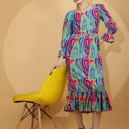 De La Moda Print Flared Sleeve Crepe Fit & Flare Midi Dress-picture-36