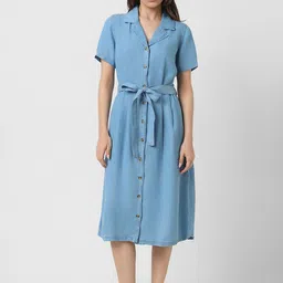 Van Heusen Woman Shirt Collar Belted Shirt Style Midi Dress-picture-17