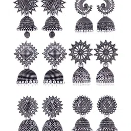 DIVASTRI Set Of 6 Silver-Plated Artificial Beaded Oxidised Dome Shaped Jhumkas-image-46