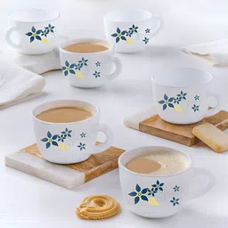 Larah by BOROSIL White & Navy Blue 6 Pieces Printed Opalware Glossy Cups And Mugs 140ML-image-89
