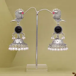 DIVASTRI Silver-Tone Oxidised Dome Shaped Artificial Pearls And Stone Drop Earrings image 3