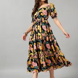 Raiyani Enterprise Women Floral Print Puff Sleeve Fit & Flare Midi Dress-image-98
