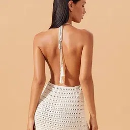 LULU & SKY Women Halter Neck Self Design Crochet Backless A-Line Mini Dress image 3