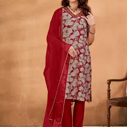 Anouk Red Floral Printed V-Neck Thread Work Chanderi Silk Kurta with Trouser & Dupatta-picture-35