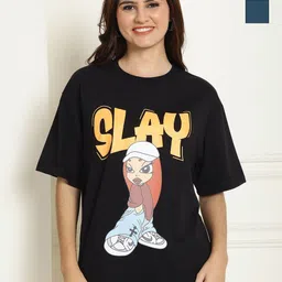 Metronaut Women Pack of 2 Typography Printed Round Neck Cotton Oversized T-shirts-image-76