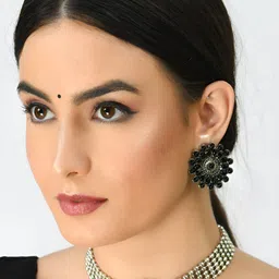 JOHARKAMAL Silver-Plated Kundan Studded Oxidised Necklace and Earrings-picture-15