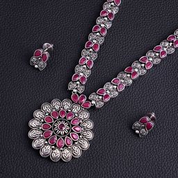 PANASH Silver Plated Cubic Zirconia Studded Oxidized Jewellery Set-picture-29