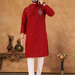 V Gold Kurta Pajama Men Ethnic Motifs Embroidered Cotton Kurta with Trousers-picture-13