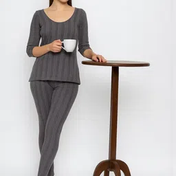 TRENDY RABBIT Women Round Neck Striped Thermal Set-image-61