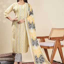 Rekha Maniyar Floral Printed Beads & Stones Muslin Straight Kurta With Trousers & Dupatta-picture-13