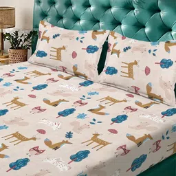 KLOTTHE Beige Cartoon Characters Printed 300 TC Double Fine Bedsheet with 2 Pillow Covers image 3