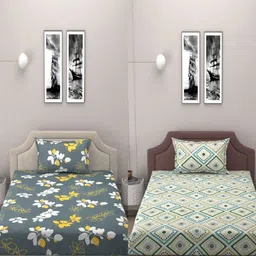 BELVOSTUM Grey & Green Floral 250 TC 2 Single Bedsheet with 2 Pillow Covers-image-9