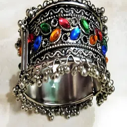 JOHARKAMAL German Silver-Plated Artificial Stones Studded Oxidised Cuff Bracelet image 3
