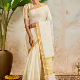 TEEJH Revai Ethnic Motifs Woven Design Zari Pure Cotton Kasavu Saree-image-94