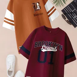 BAESD Boys Pack Of 2 Typography Printed Drop-Shoulder Sleeve Oversized Pure Cotton Tshirts-picture-19