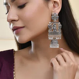 Sangria Stainless Steel Artificial Beaded Oxidised Temple Dome shaped Jhumkas image 2